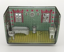 Vintage Marx Bathroom Diorama “Newly Wed Series” Tin Lithograph With Accessories