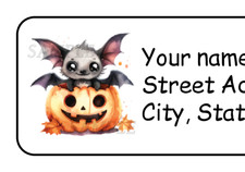 30 personalized Halloween return address labels stickers tags Bat in Pumpkin