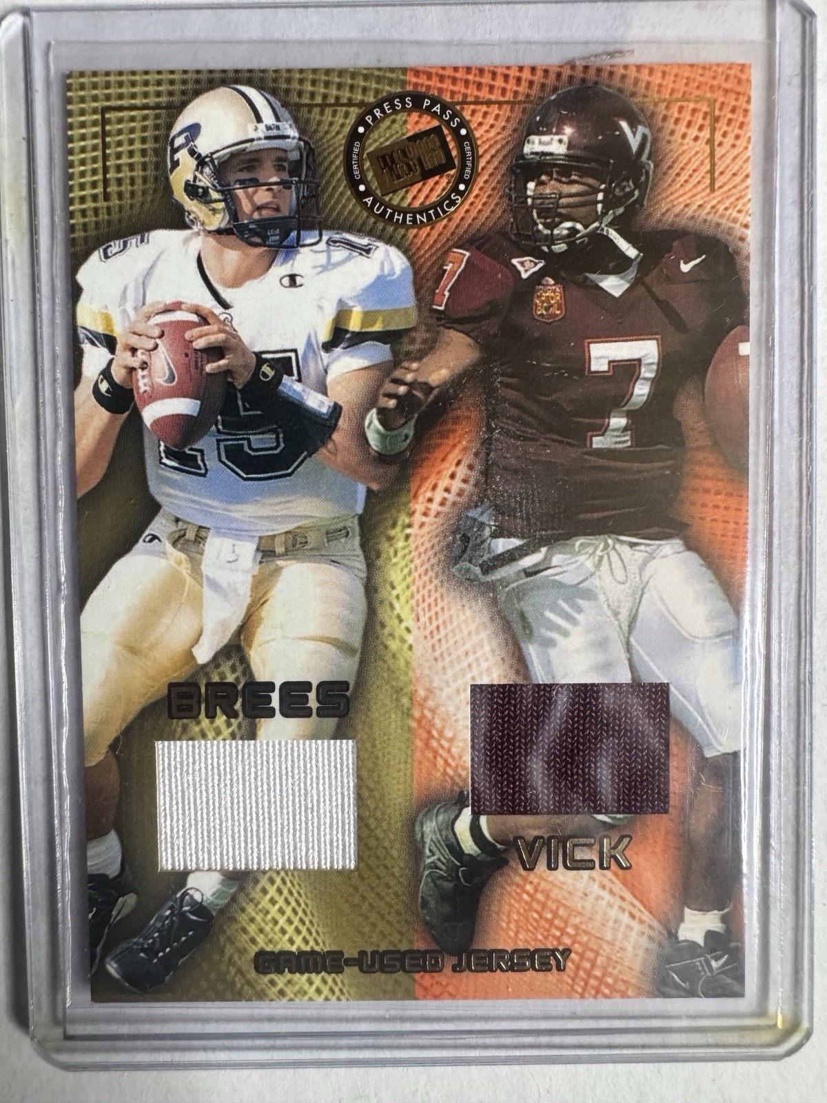 2001 Press Pass Michael Vick & Drew Brees Rookie Game-Used Jersey Card #109/400 view 1
