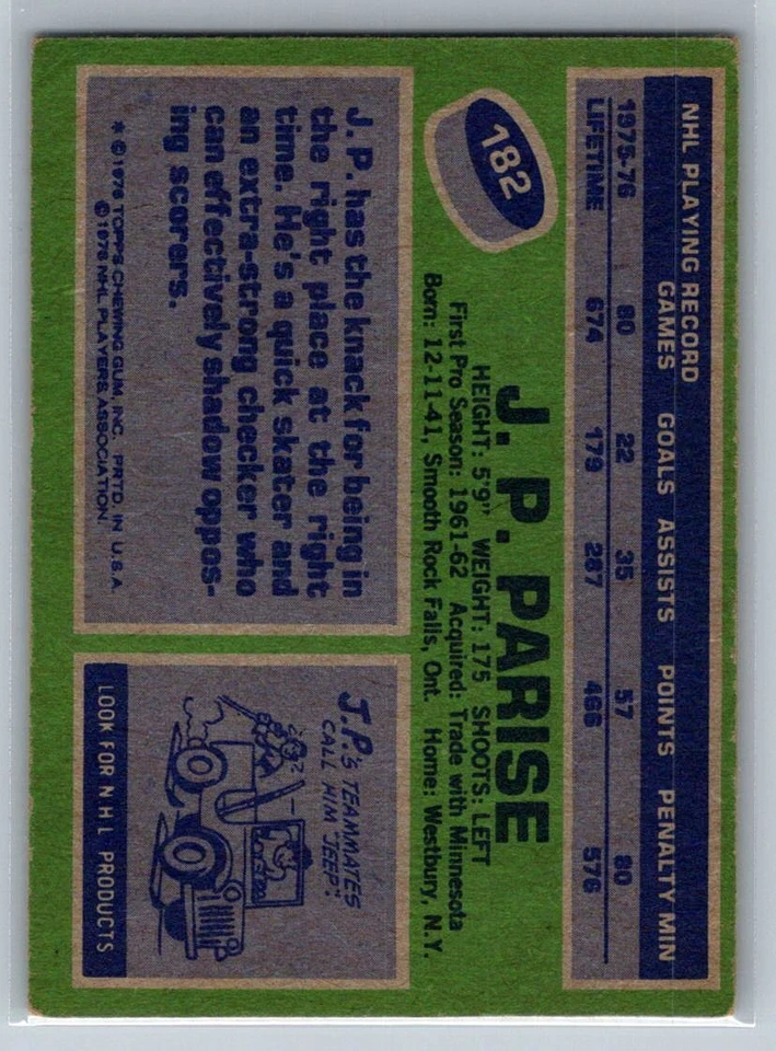 1976-77 Topps #182 J.P. Parise - Image 2 of 2