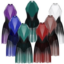 Women Costume Ballroom Dancewear Leotard Dress Adult Shiny Lyrical Sleeveless