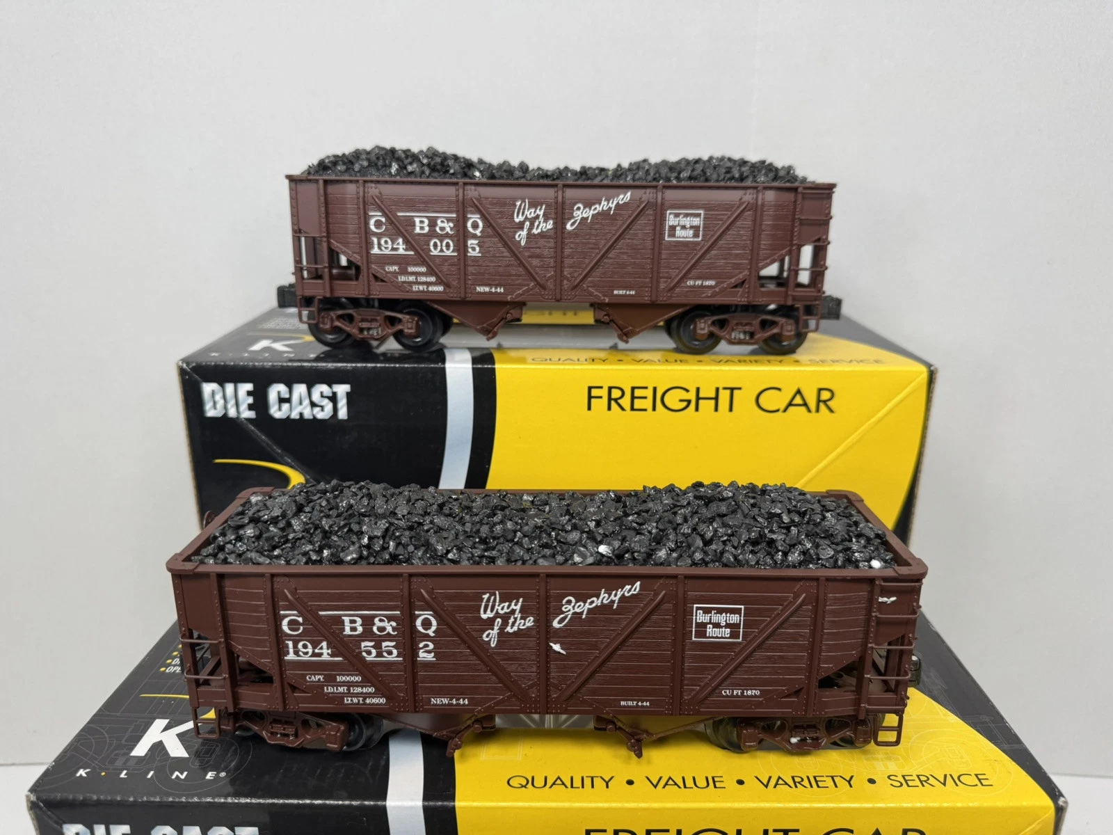  conjunto de tremonha fundida k-line cb&q burlington 2 compartimentos 4 carros ex 