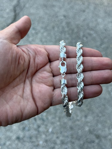 Solid 925 Sterling Silver Italian Rope Chain Mens Necklace 8mm - Diamond Cut - Picture 4 of 6