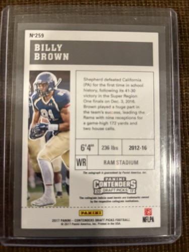 2017 Panini Contenders Draft Picks #259 Billy Brown Auto Shepherd Rams - Photo 2/2