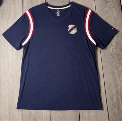 Tommy Hilfiger V-Neck T-Shirt Men s XL Navy Blue Stripe Sleeve Crest Logo Casual