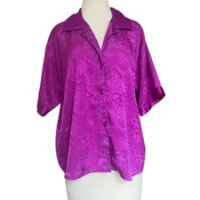 Vtg Victoria  s Secret Gold Label Satin Sleep Shirt Button-down Sz M Magenta