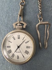 Quartz Pocket Watch Roman Numerals Silver Tone Textured Case Chain Clip