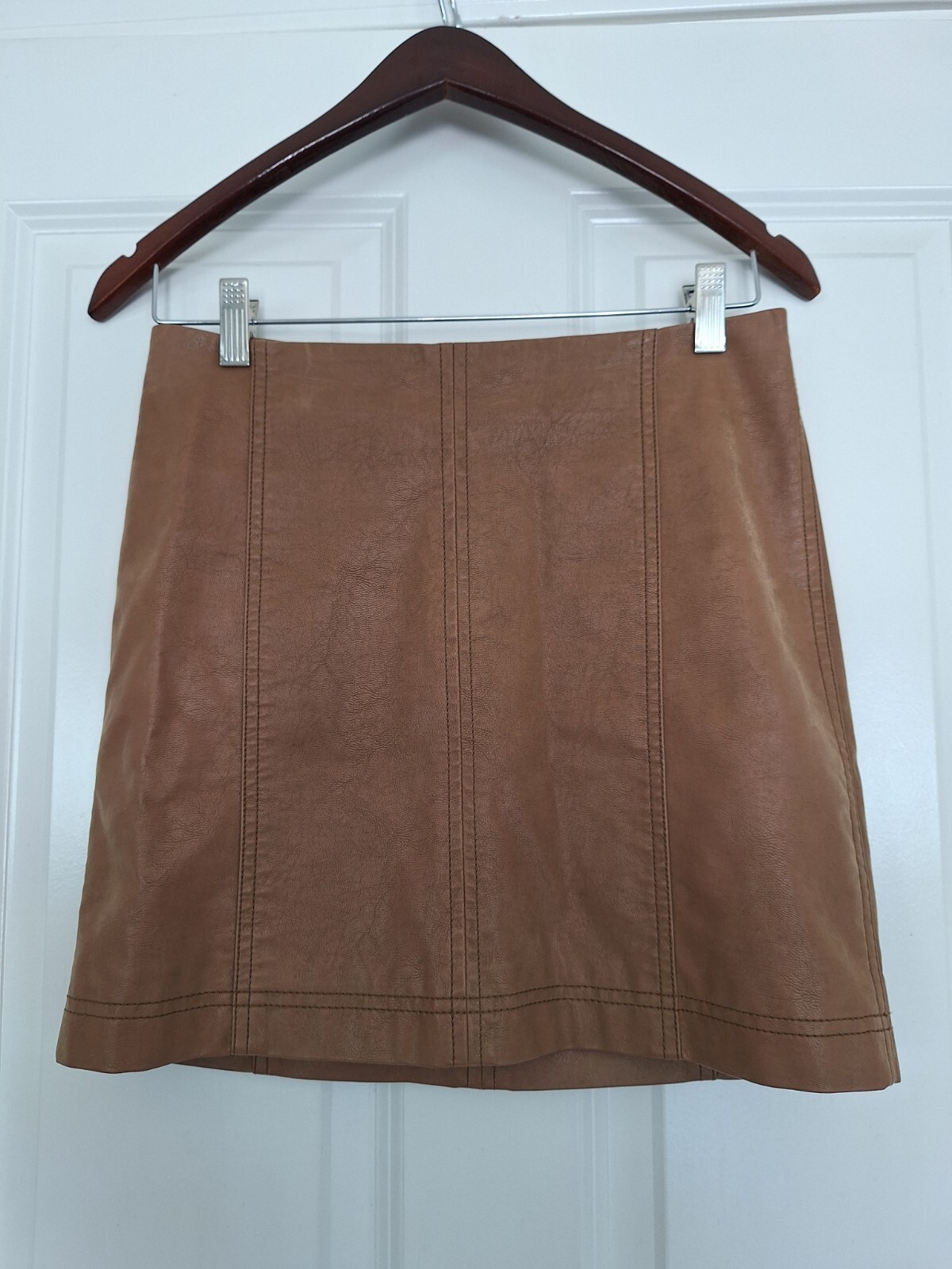 Free People Brown Vegan Leather Mini Skirt Lined A-Line Zip Size 4 Women