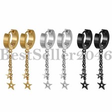Men Women Stainless Steel Huggie Hinged Hoop Earrings with Twin Dangling Stars