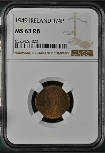 IRELAND Farthing 1949, 1/4d, NGC MS 63 RB, Toned Surfaces, UNC Grade. F2