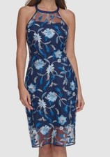 Guess Women's Blue Embroidered-Floral Mesh Sheath Dress Size 6