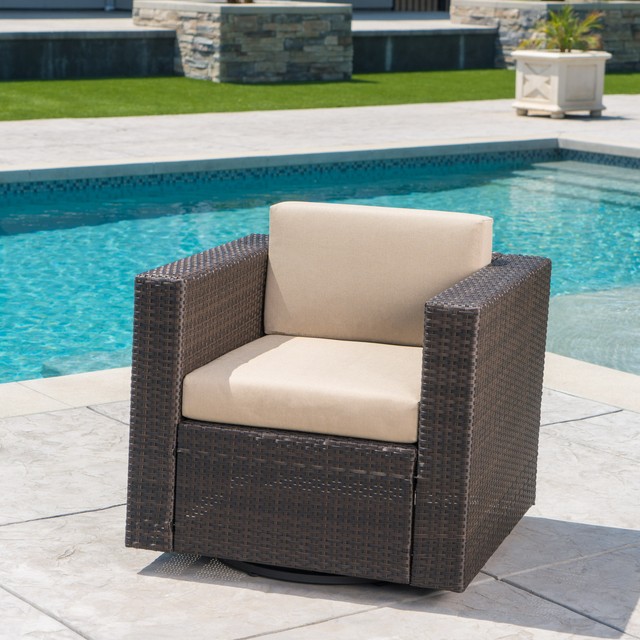 Venice Outdoor Dark Brown Wicker Swivel Club Chair With Beige Water Resistant for sale online eBay