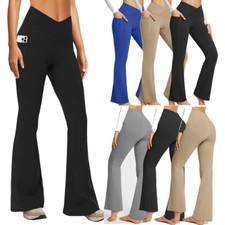 Women's Flare Leggings Pockets Crossover Bootcut Casual Yoga Pants Bell Bottom