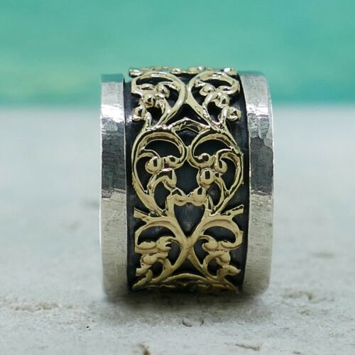 Spinner Vintage Two Tone Solid 9k Yellow Gold And 925 Sterling Silver Ring Size - Picture 3 of 8