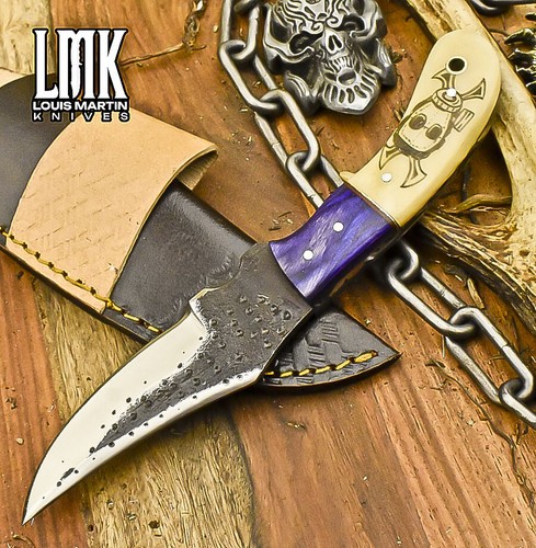 LMK Hand Forged Skinner Knife ATS-34 Steel ScrimShaw Bone Wooden Bolster Fishing