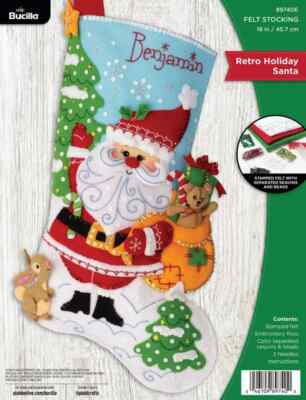 Bucilla Felt Stocking Applique Kit 18'' Long Retro Holiday Santa 89740E