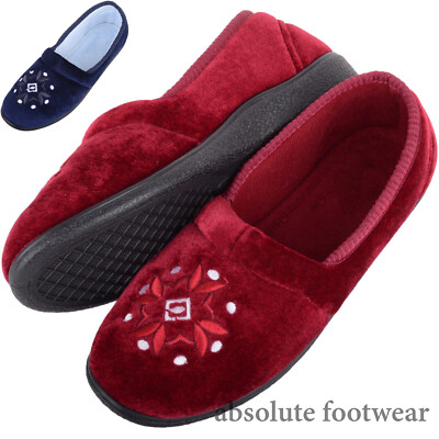 Damen / Damen Slipper Velours Style Hausschuhe mit Stickmotiv
