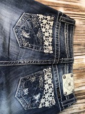 MISS ME Denim Girls Rhinestone Low Rise Embellished Cuffed Capri Jeans 14 W-27