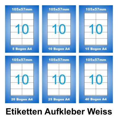 Universal Etiketten 105x57mm weiß bedruckbar 10 Aufkleber A4 Bogen Menge wählbar