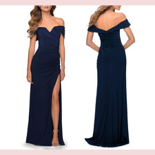 NEW $368 La Femme [ 6 ] High Slit Off the Shoulder Jersey Gown Navy #S596