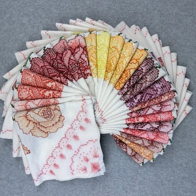 24 Vintage Hand Embroidered Cross Stitch Rose Quilt Squares Multi Color 15-15.5''