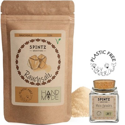 500g Rauchsalz Hickory smoked Salt Würz Salz plastikfrei verpackt + Gewürzglas