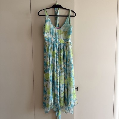 CALYPSO St Barth Christiane Celle Floral Blues Green 100% Silk Dress 6 $695