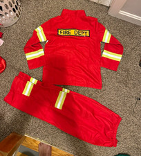 Firefighter Costume Set M Red/Yellow Polyester Jacket Pants Reflective Stretch