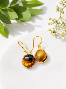 Authentic Natural Tiger Eye Earrings Handmade Gold Plated Dangle Boho Women