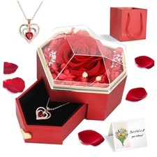 Preserved Real Red Rose Gift Box with Heart Necklace - Eternal Flower Golden