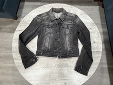 Black Washed Denim Jacket Cropped Fit Button Front Distressed  Women  s XS  S