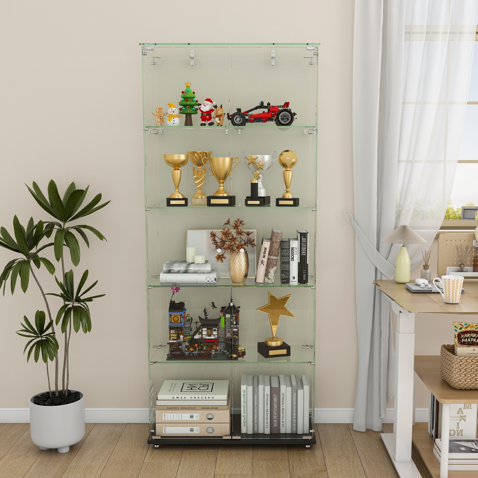 4-Tier Glass Display Cabinet w/ 5 Dynamic LED Modes,Double D