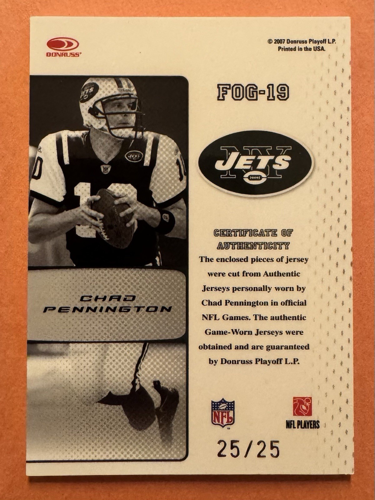 2007 Certified Fabric Of The Game CHAD PENNINGTON Game Worn Prime Patch 25/25 view 2
