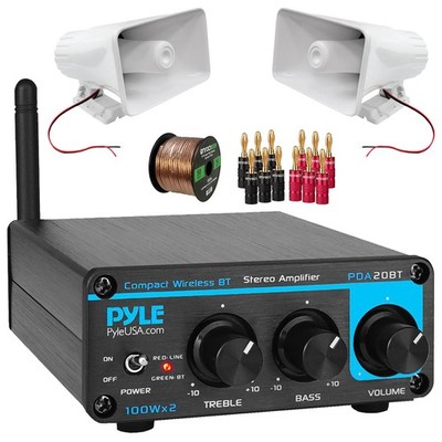 Pyle PDA20BT 2-Channel Home Receiver, 2x 8'' 65W PA Horn Speakers, Banana Plugs