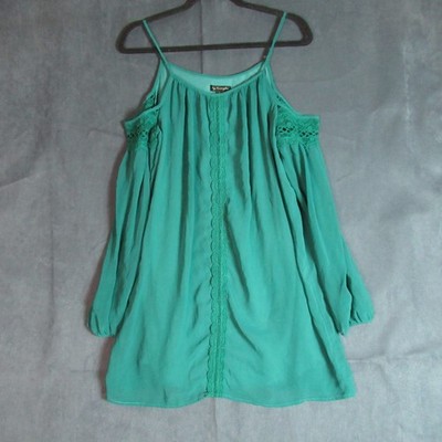 City Triangles Dress Womens Medium Green Crochet Chiffon Cold Shoulder Boho Midi