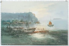 Vintage Chinese Painting Coastal River Valley Seascape with Junk Boats 24 x 36"