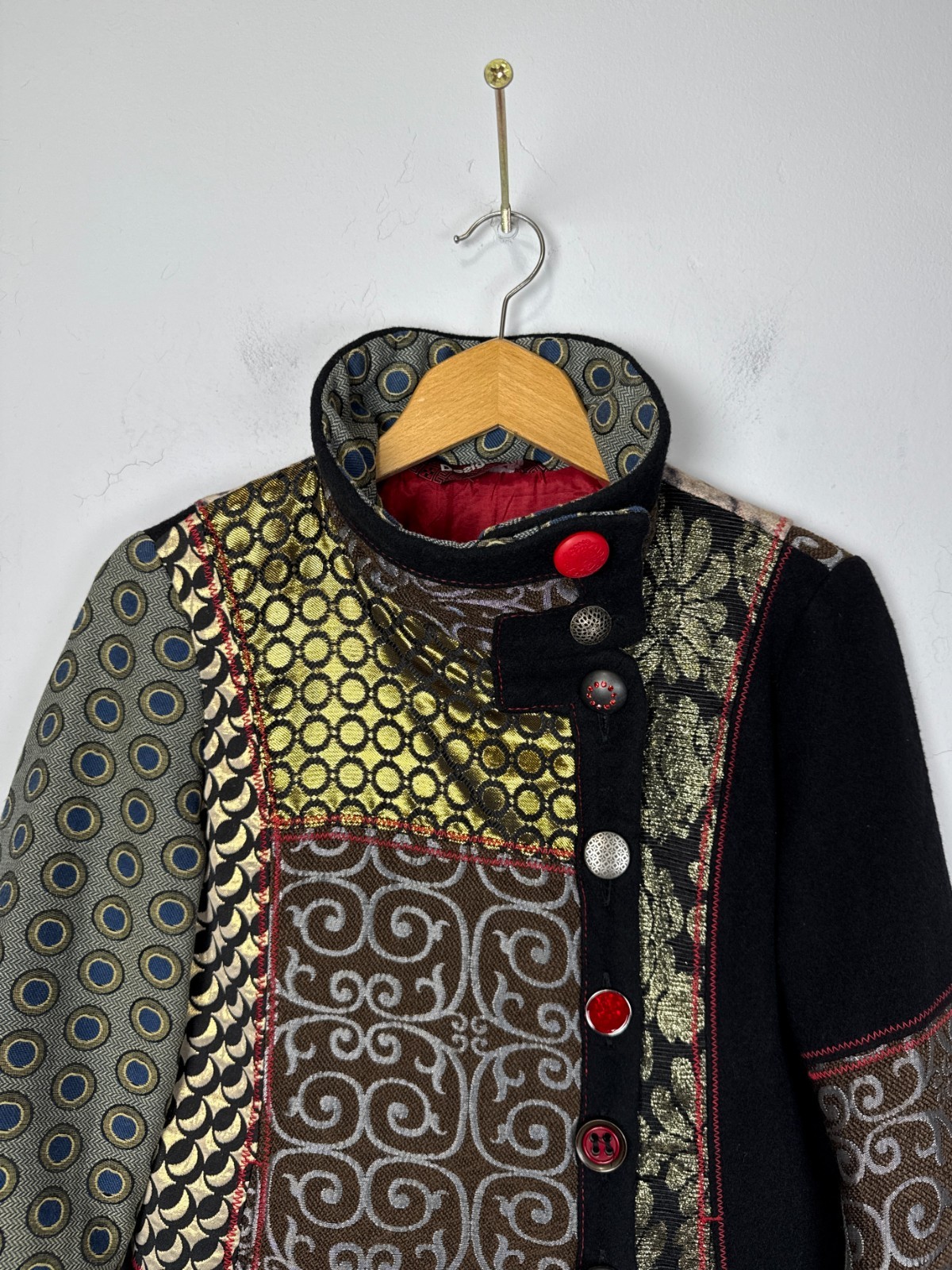 Desigual Patchwork Wool Trench Coat Cat Multicolo… - image 3