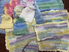 Lot Baby Multicolor Hand Knitted 7 Hats and 7 Rags New Sherbet Colors NEW