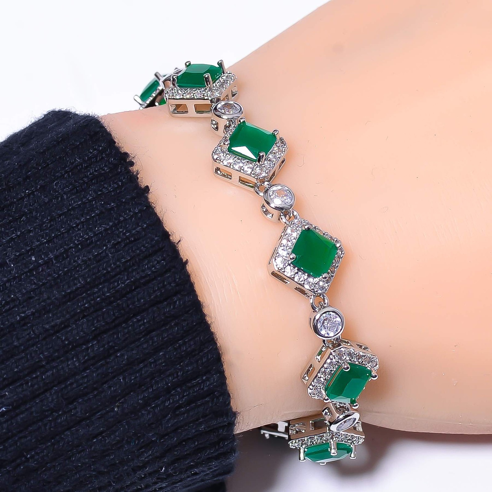 Emerald Simulated and CZ Sterling Silver Tennis Bracelet 7.99 Inch B974371319