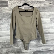 Zara Taupe Corset Bodysuit Women's Large Taupe Beige Long Sleeve Square Neck