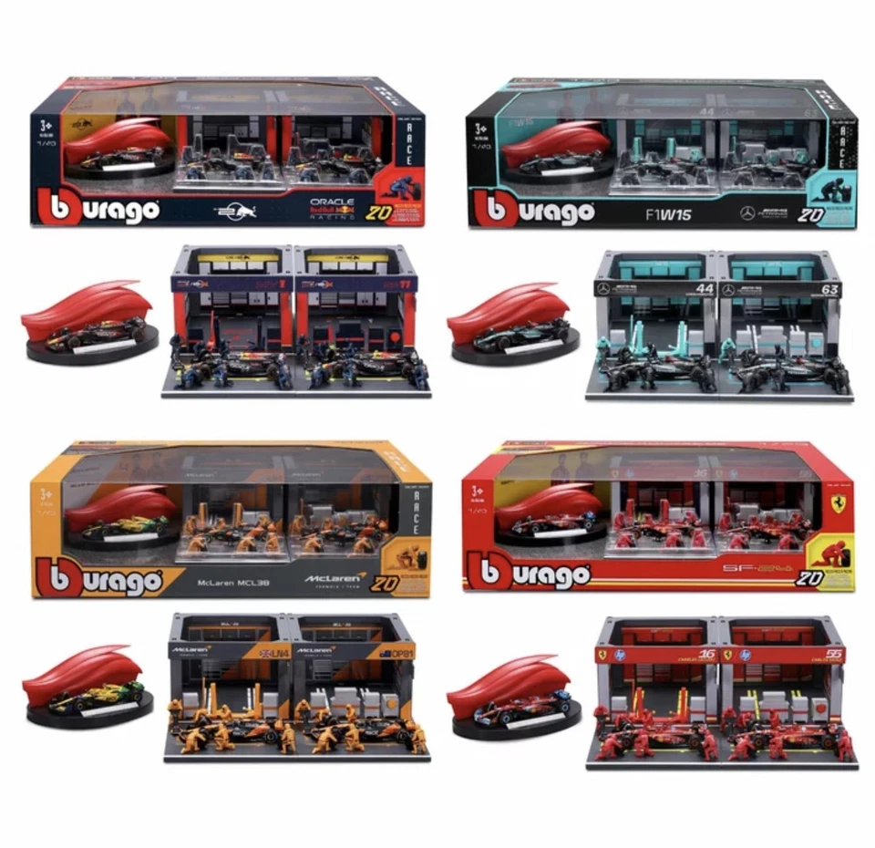 Bburago 1:43 Formula 1 Deluxe Paddock Set - Ferrari, McLaren, Mercedes, Red Bull