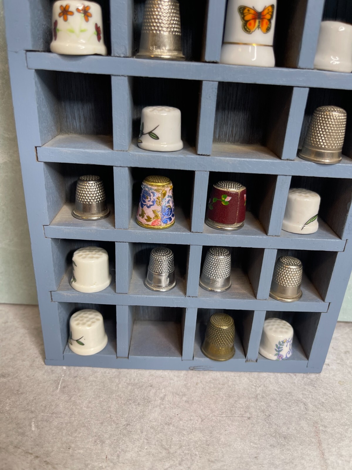 Vintage country blue miniatures Thimble Display Case Wood Wall Hanging Shelf