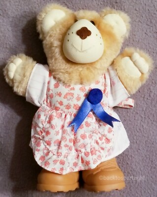 CABBAGE PATCH FURSKINS PLUSH 1986 GIRL TEDDY BEAR blue ribbon & boots 