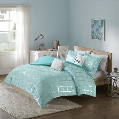 New Chic Fun Blue Light Aqua Teal Silver Metallic Girl Duvet Cover