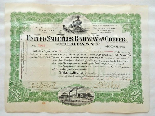 United Smelters, Railway and Copper Co - Stock Certificate - Signed May 7, 1909