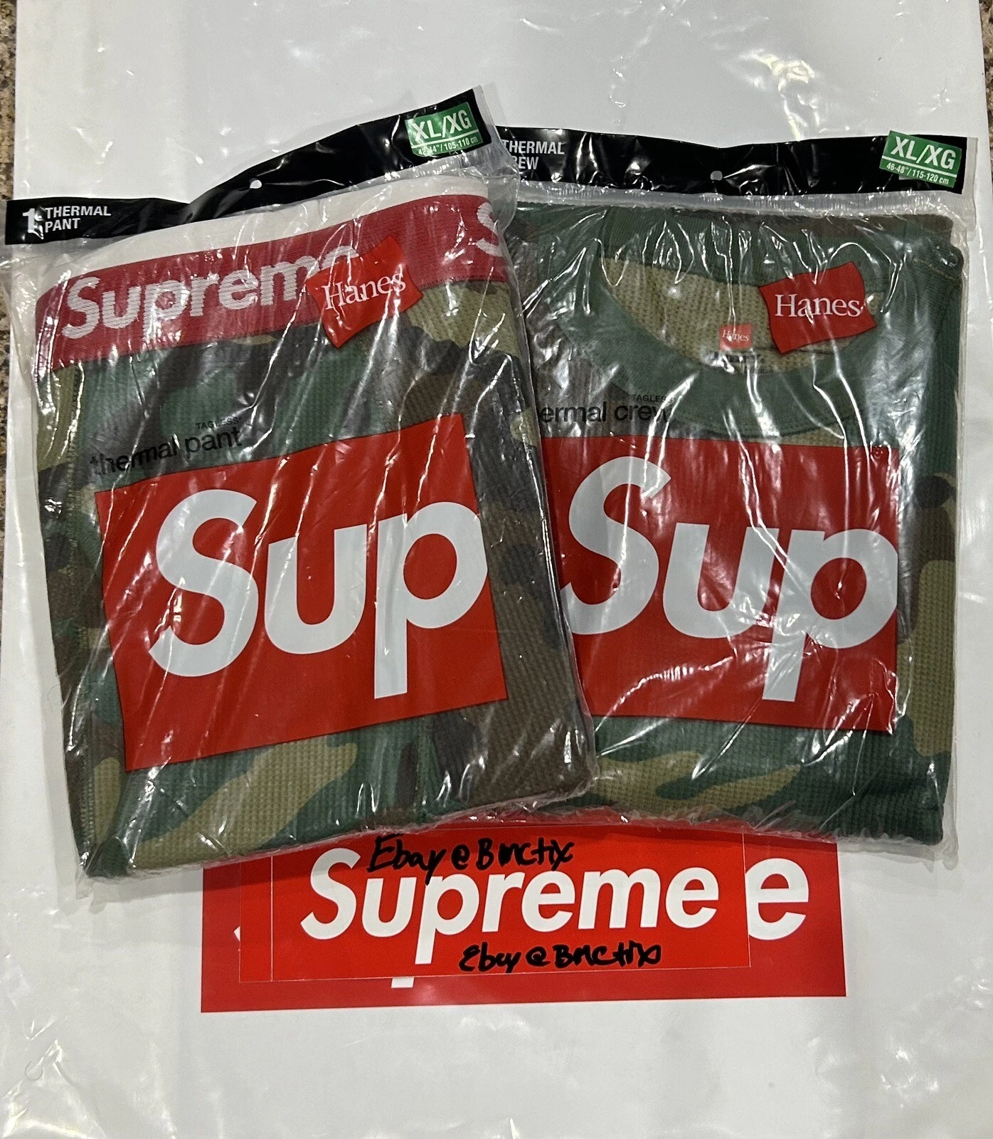 Ensemble équipage thermique/pantalon en coton camouflage Supreme x Hanes taille XL flambant neuf