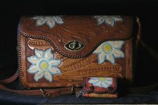 Antique Southwestern Tooled Leather Daisy Shoulder Bag with Coin Key Purse