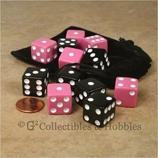 NEW Set of 12 Pink & Black Gaming Dice + Bag D&D RPG Bunco Game D6 16mm Koplow 