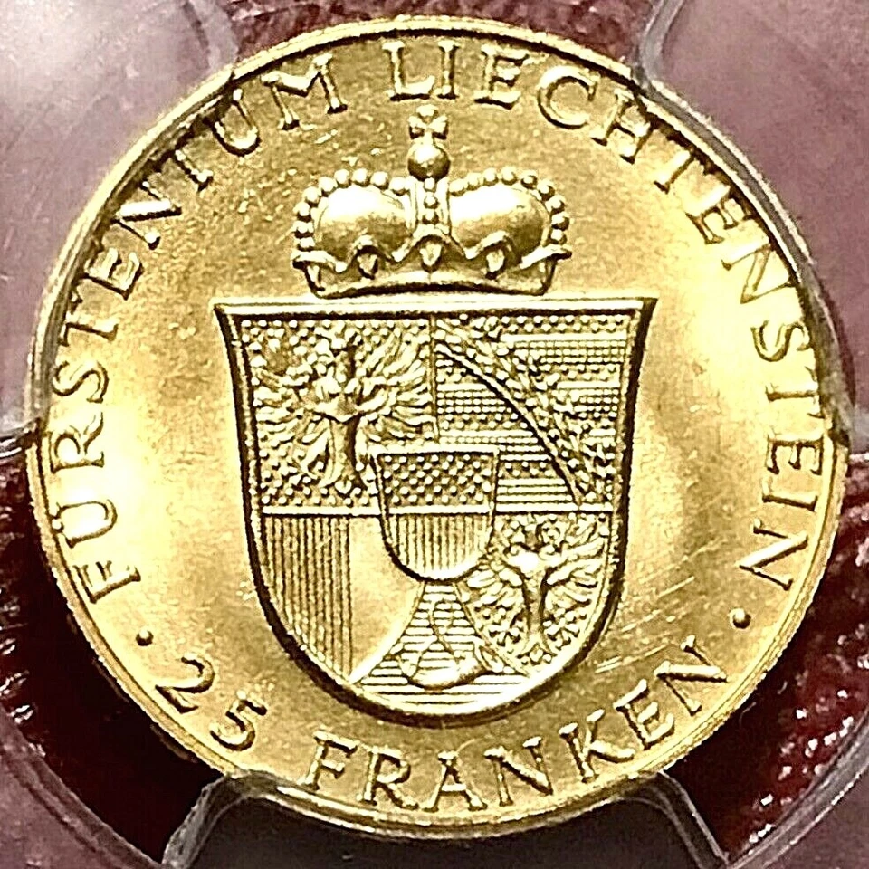 1956 LIECHTENSTEIN 25 FRANKEN .900 GOLD PCGS MS-65 - Image 3 of 3