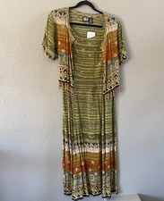 Vintage Bila Maxi Dress Small Green floral hippie tribal Beaded Fringe 90’s NWT